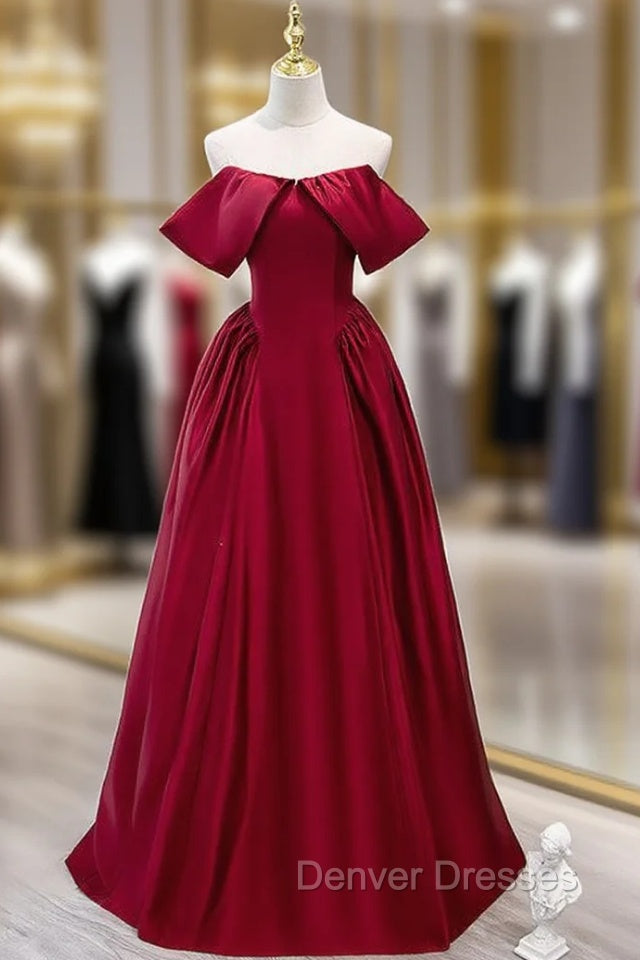 Burgundy Satin Off the Shoulder Long Prom Dress
