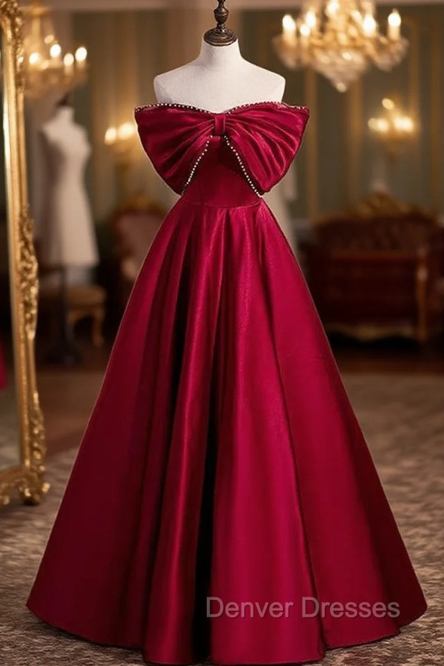 Burgundy Satin Off the Shoulder Pearls Bow Prom Dress