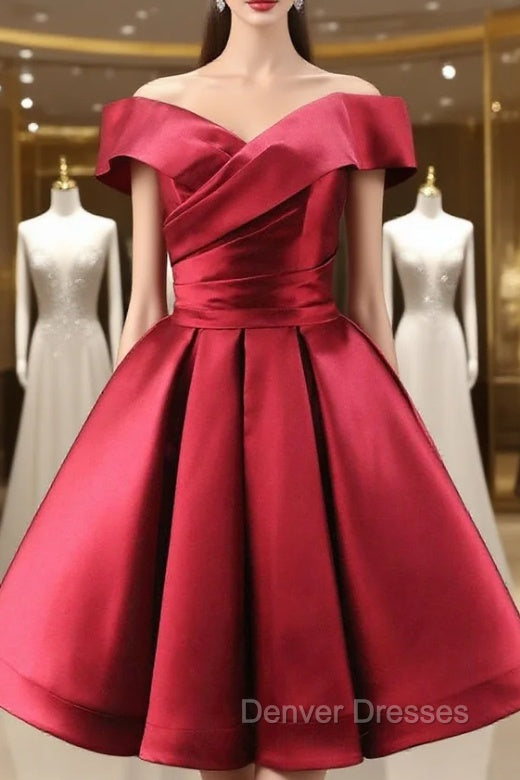 Burgundy Satin Off the Shoulder Pleats Homecoming Dress Main image
