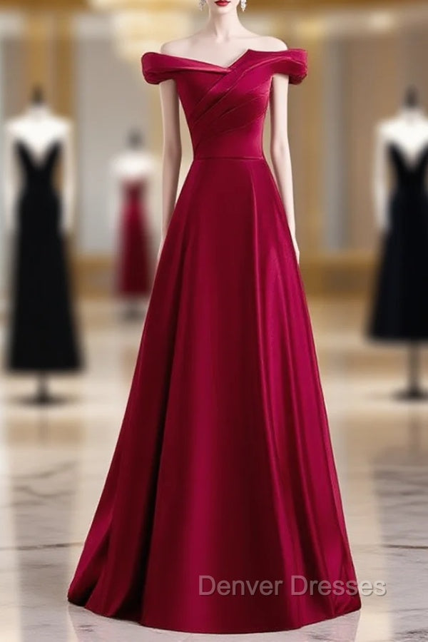 Burgundy Satin Off the Shoulder Pleats Long Prom Dress Main image
