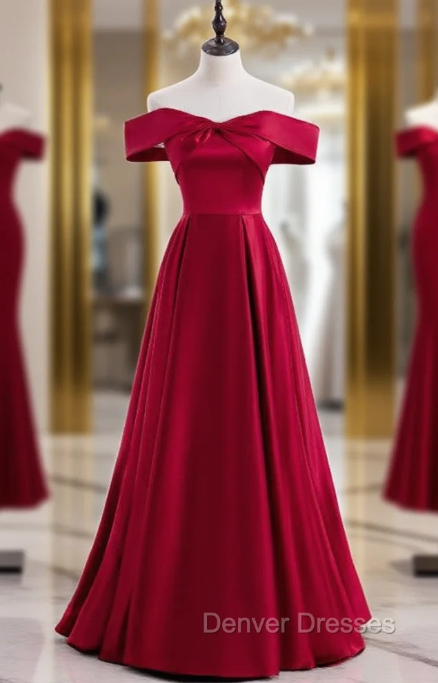 Burgundy Satin Off the Shoulder Prom Dress Main image