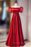 Burgundy Satin Off the Shoulder Puff Sleeve Beading Prom Dress