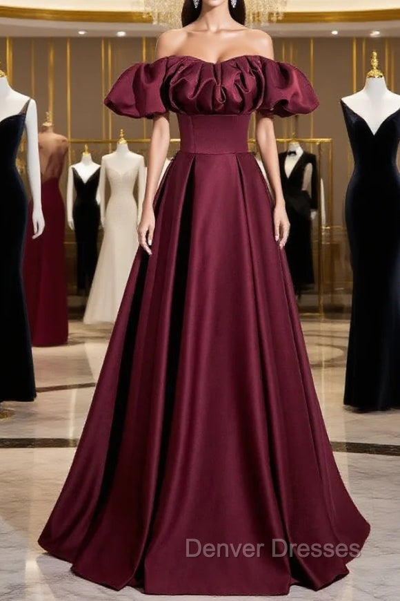 Burgundy Satin Off the Shoulder Puff Sleeve Pleats Prom Dress Main image
