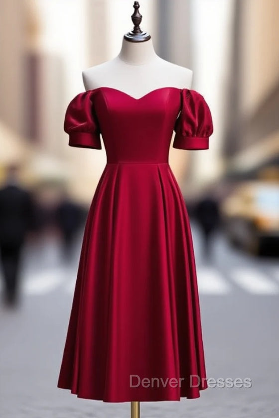 Burgundy Satin Off the Shoulder Puff Sleeve Prom Dress Main image