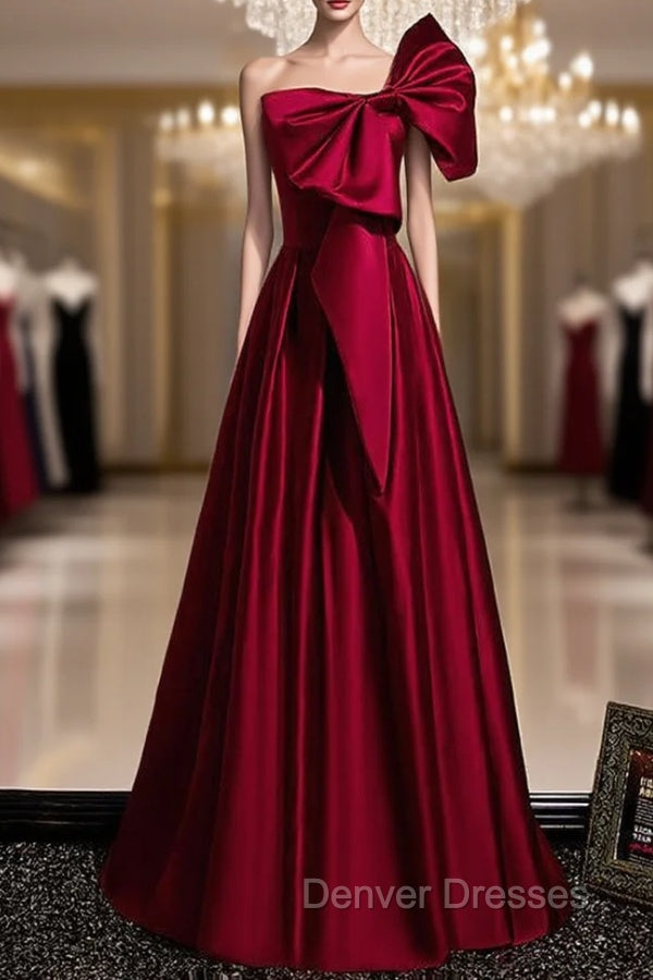 Burgundy Satin One Shoulder Bow Prom Dress