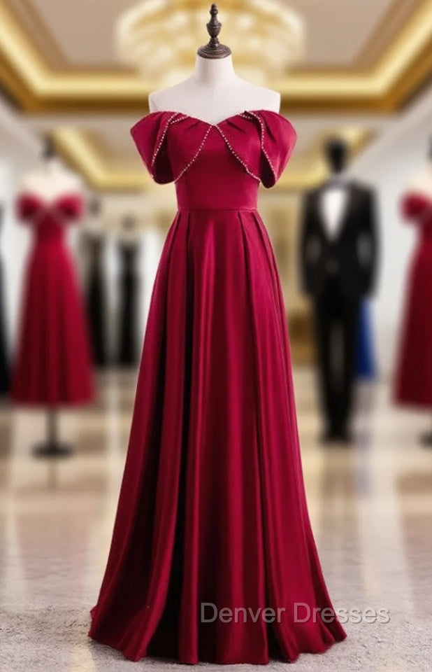 Burgundy Satin Pleats Off the Shoulder Pearls Prom Dress