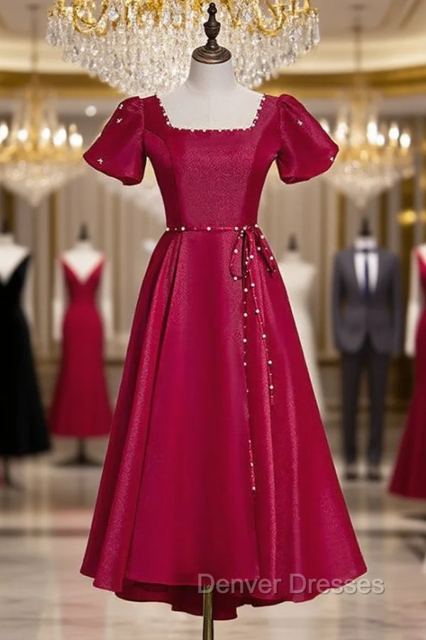 Burgundy Satin Puff Sleeve Backless Prom Dress