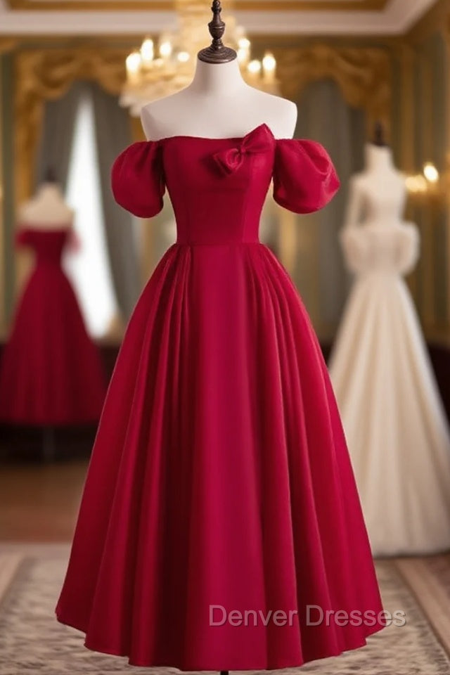 Burgundy Satin Puff Sleeve Bow Prom Dress