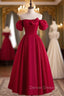 Burgundy Satin Puff Sleeve Bow Prom Dress