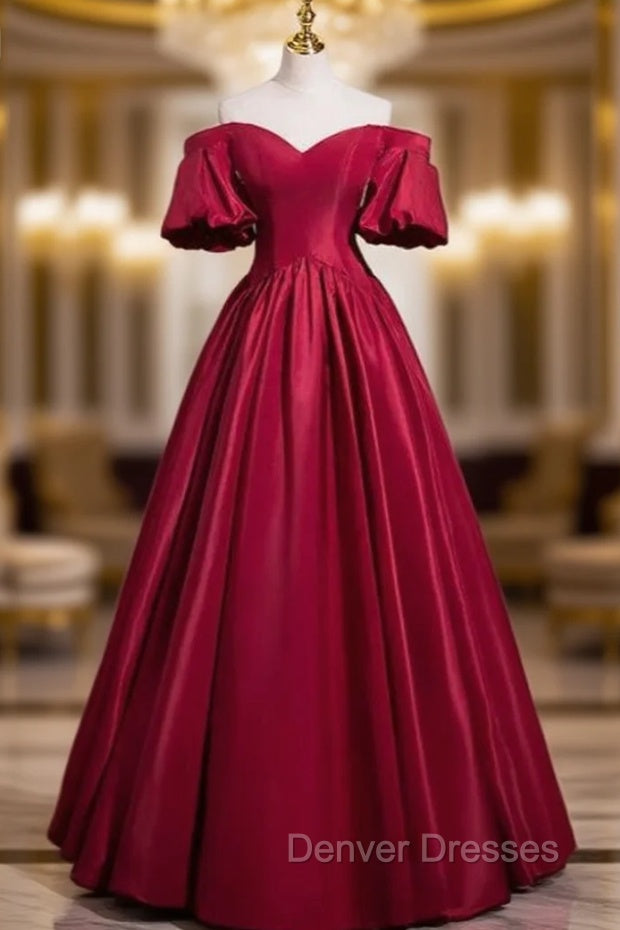 Burgundy Satin Puff Sleeve Prom Dress