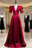 Burgundy Satin Puff Sleeve V-neck Backless Prom Dress