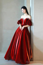 Burgundy Satin Rhinestone Floor Length Prom Dress, A-Line Off-The-Shoulder Princess Party Dress