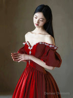 Burgundy Satin Rhinestone Floor Length Prom Dress, A-Line Off-The-Shoulder Princess Party Dress