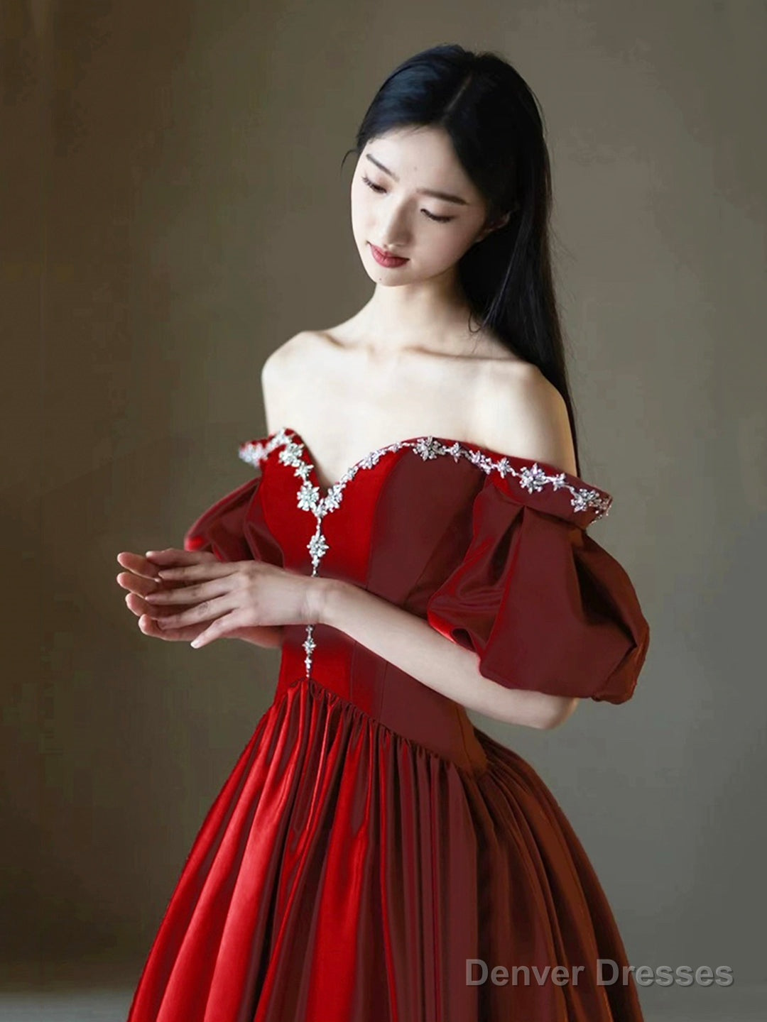 Burgundy Satin Rhinestone Floor Length Prom Dress, A-Line Off-The-Shoulder Princess Party Dress