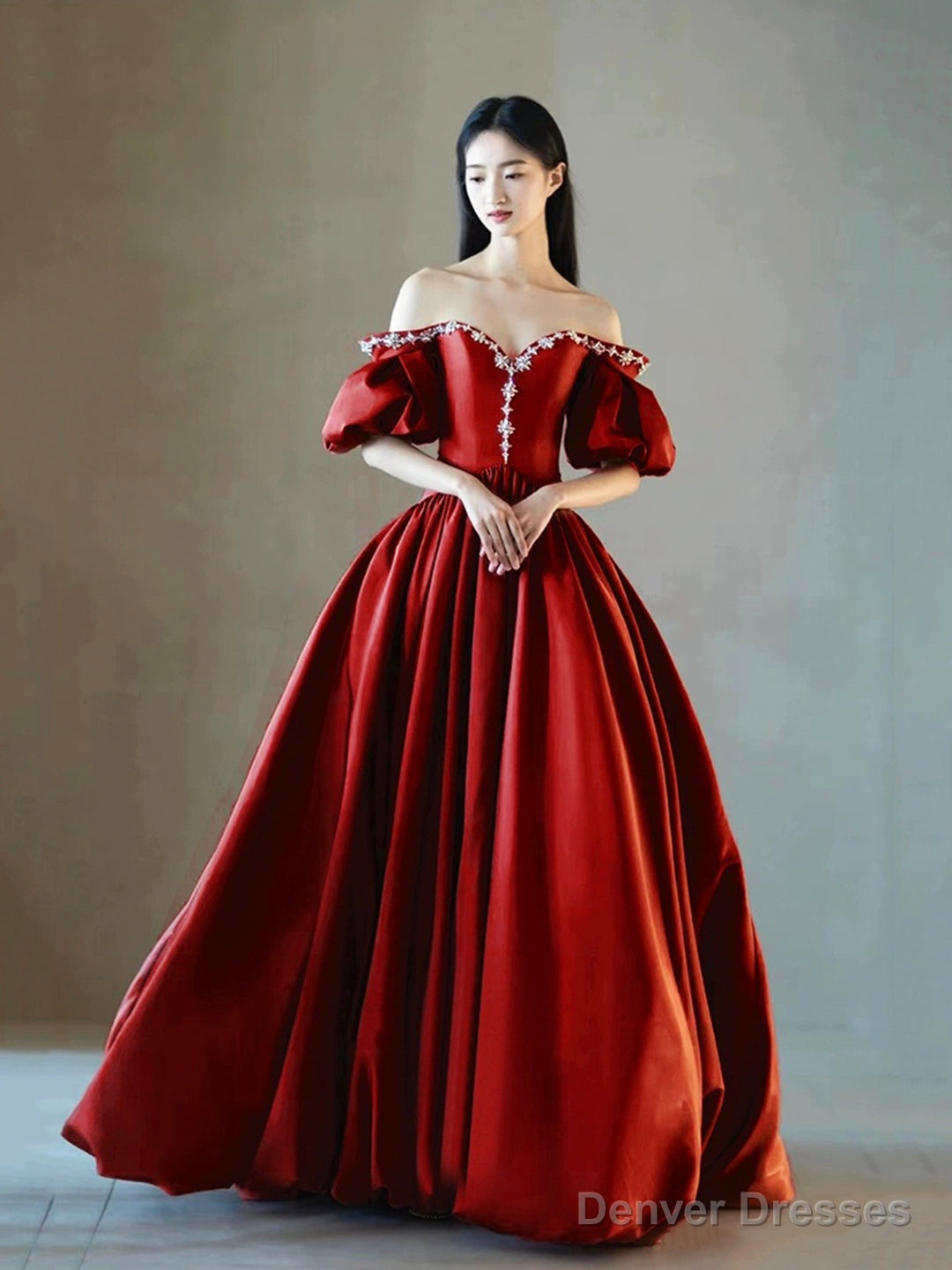 Burgundy Satin Rhinestone Floor Length Prom Dress, A-Line Off-The-Shoulder Princess Party Dress Main image