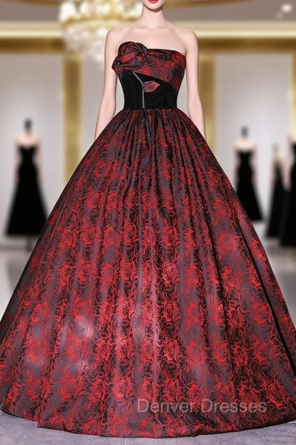 Burgundy Satin Rose Print Strapless Quinceanera Dress