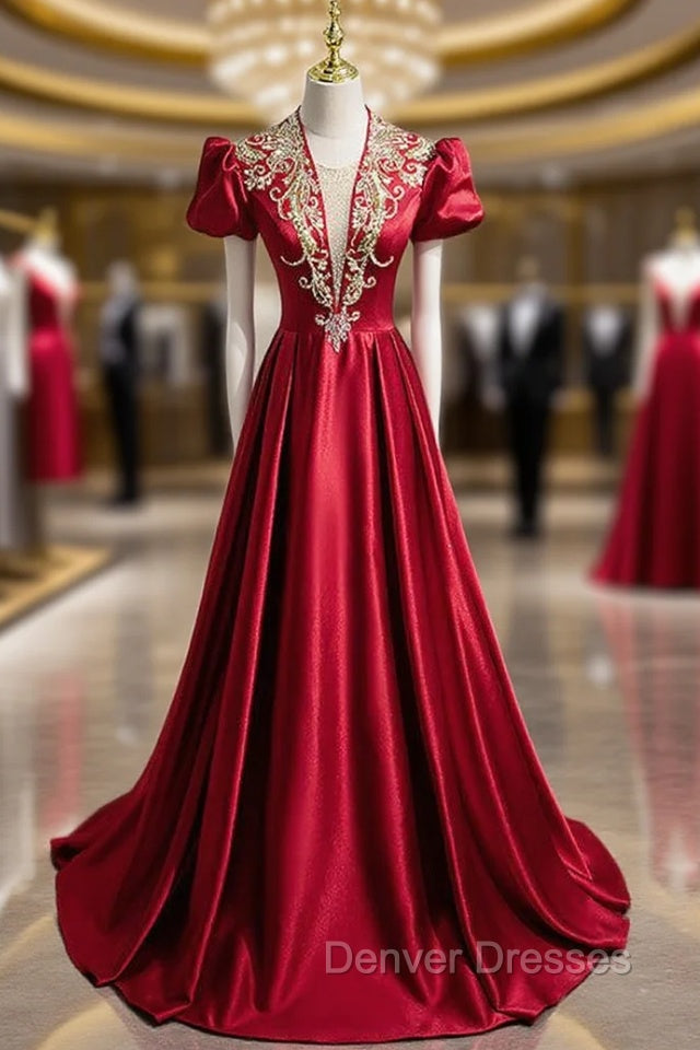 Burgundy Satin Sequins Beading Short Sleeve Prom Dress Main image