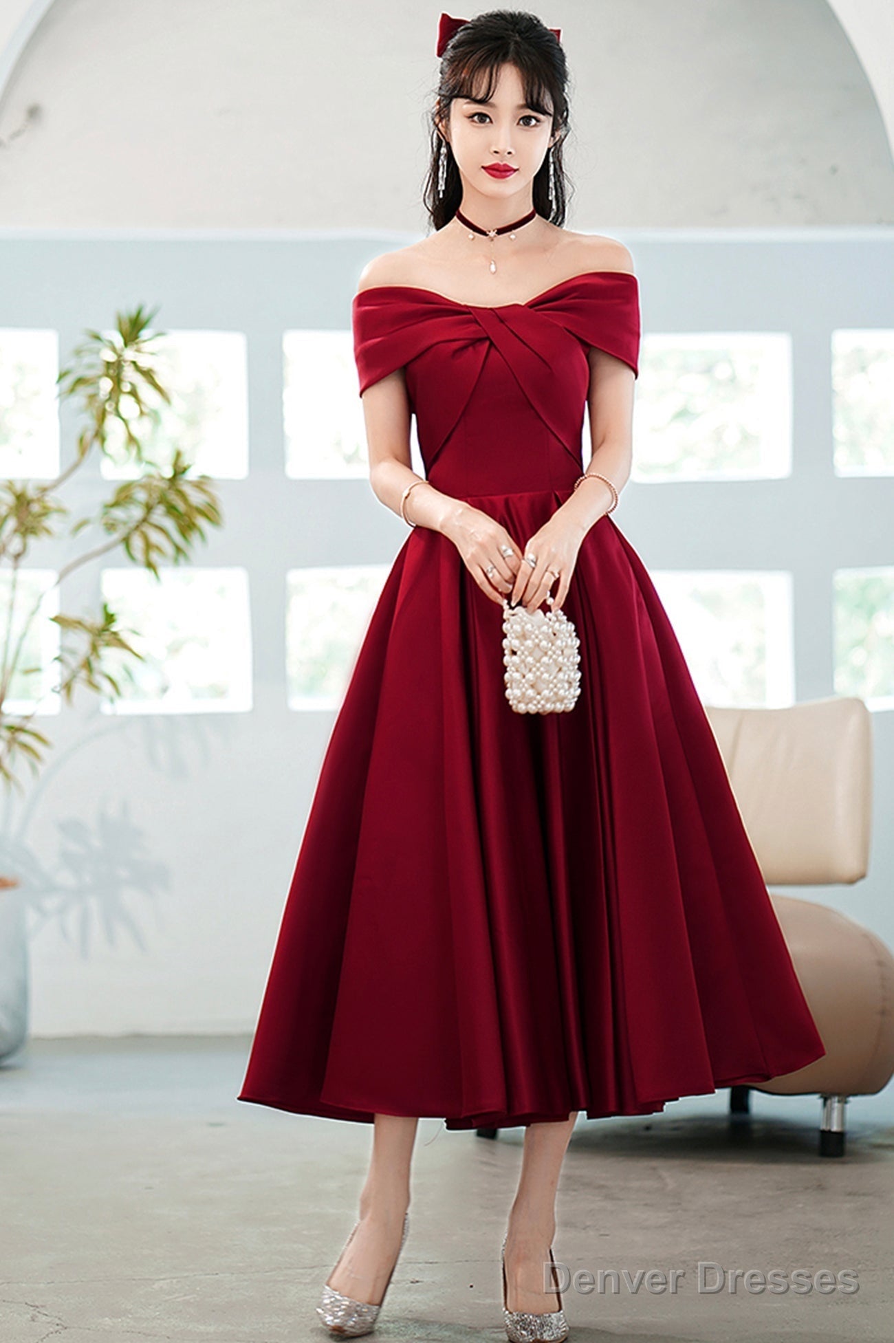 Burgundy Satin Short A-Line Prom Dress, Off The Shoulder Homecoming Party Dress Secondary image