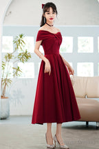 Burgundy Satin Short A-Line Prom Dress, Off The Shoulder Homecoming Party Dress