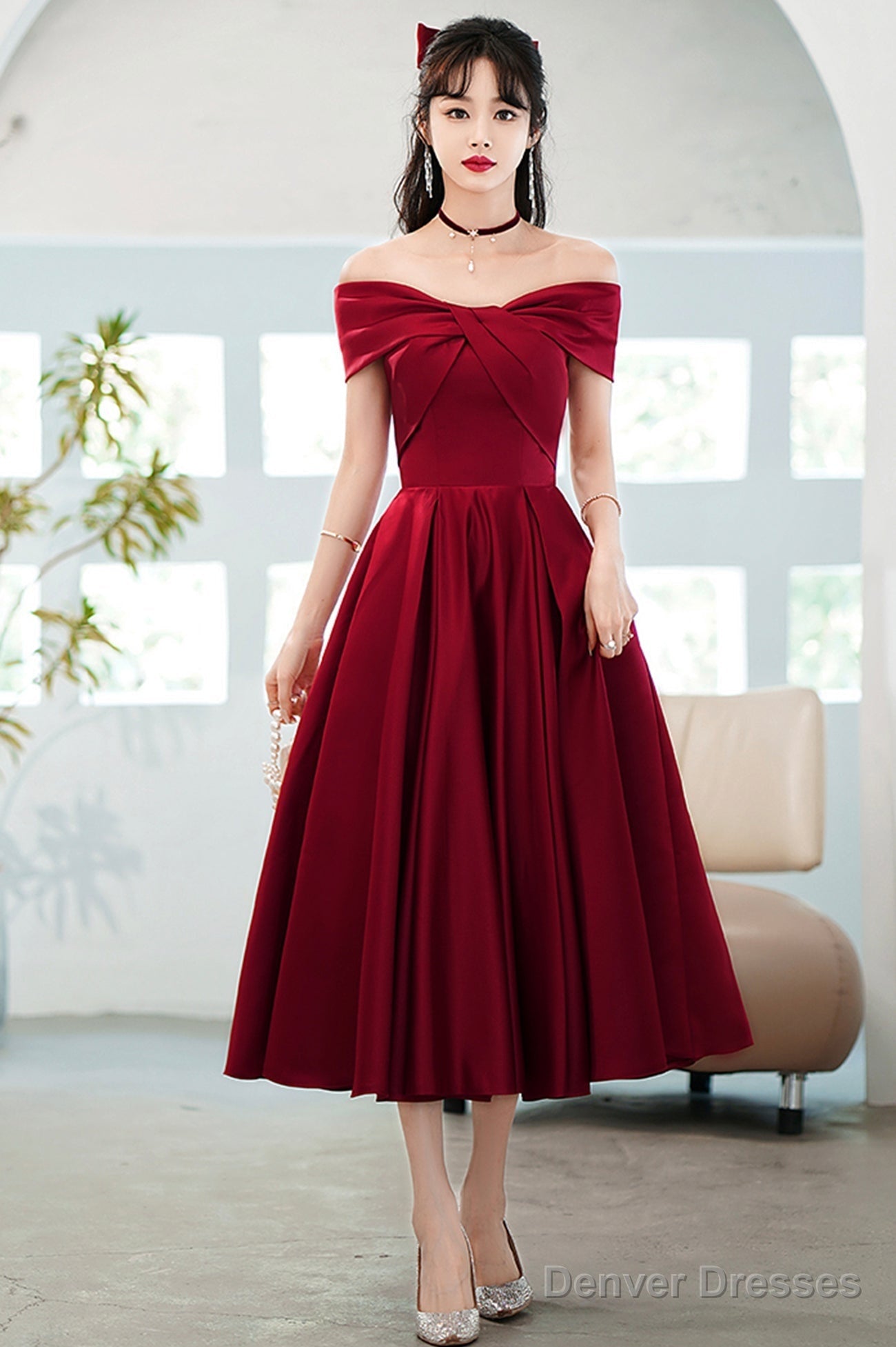 Burgundy Satin Short A-Line Prom Dress, Off The Shoulder Homecoming Party Dress Main image