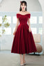 Burgundy Satin Short A-Line Prom Dress, Off The Shoulder Homecoming Party Dress