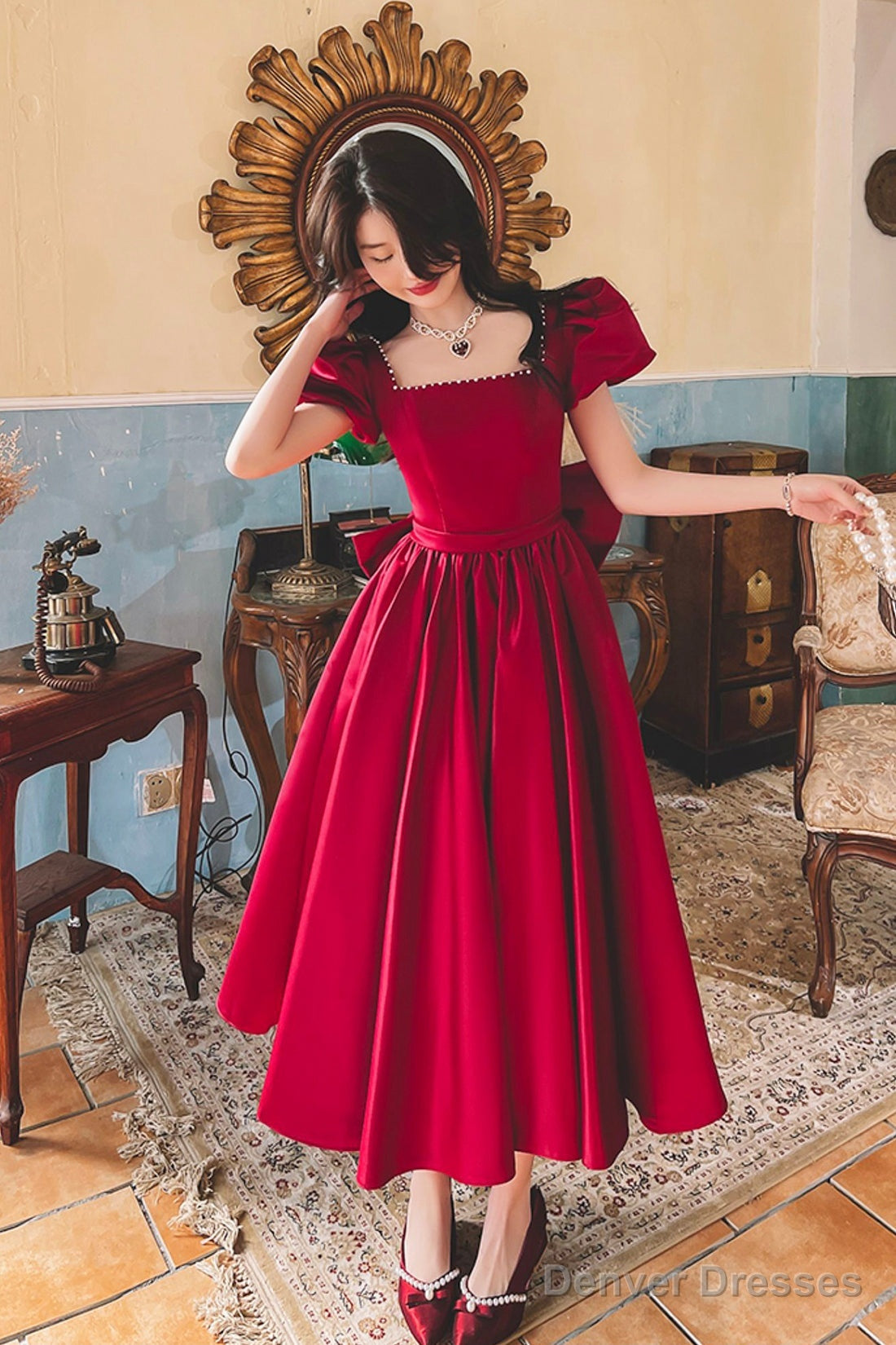 Burgundy Satin Short Prom Dress With Bow, Cute Short Sleeve Evening Party Dress Main image