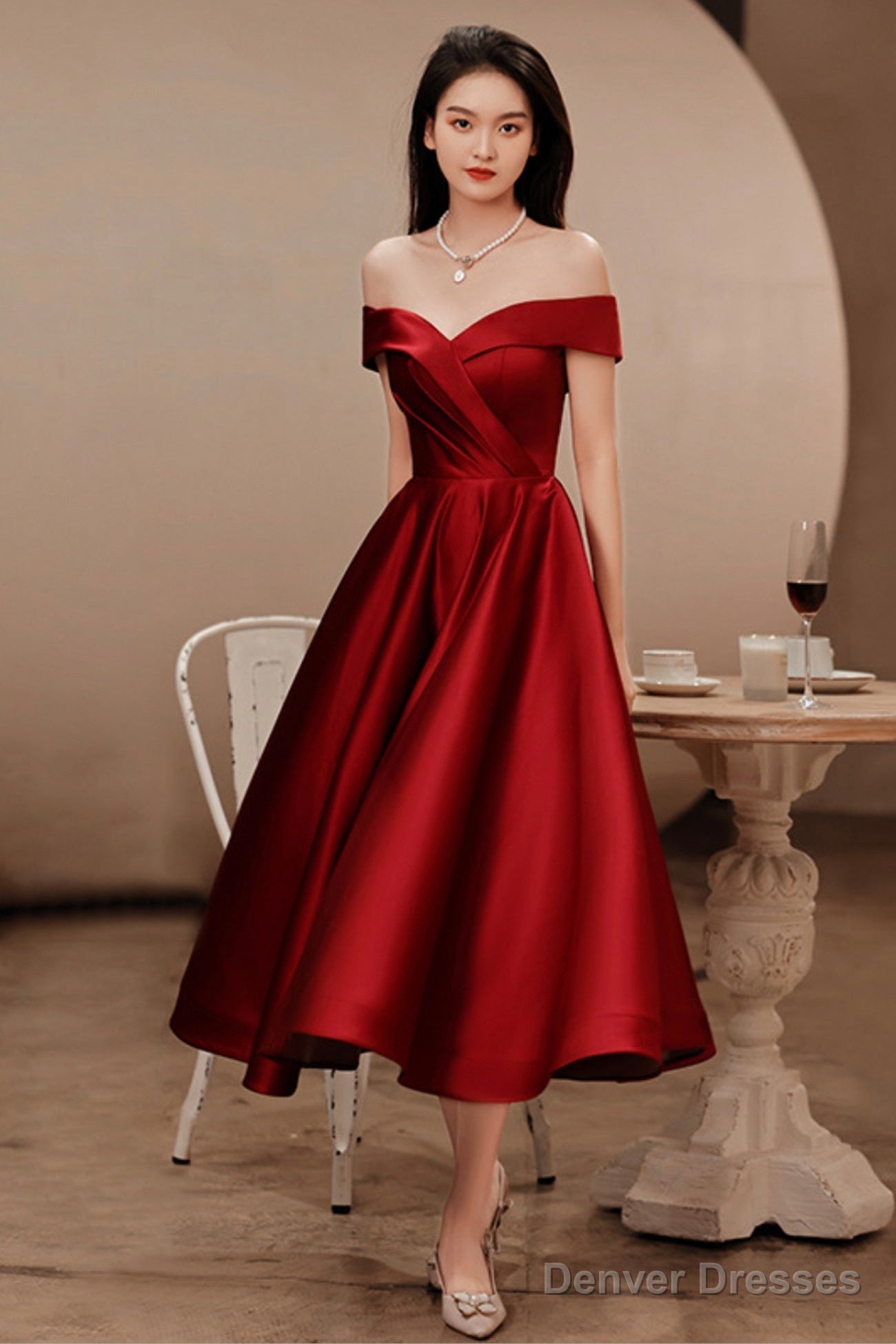 Burgundy Satin Short Prom Dresses, Off The Shoulder Evening Dresses Main image