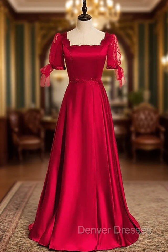 Burgundy Satin Short Sleeve Beading Prom Dress Main image