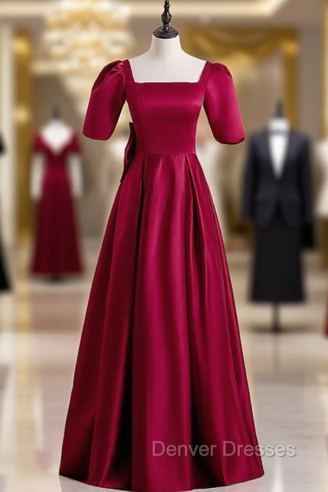 Burgundy Satin Short Sleeve Bow Prom Dress Main image