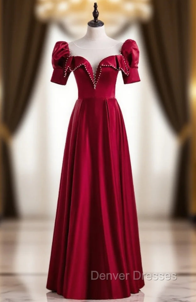 Burgundy Satin Short Sleeve Pearls Prom Dress Main image