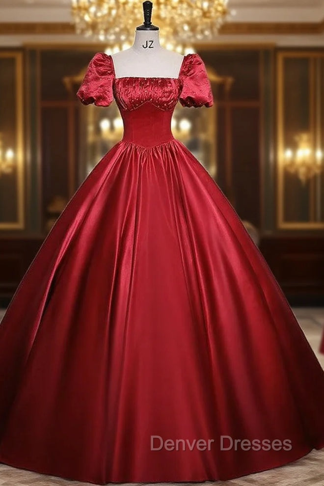 Burgundy Satin Short Sleeve Pleats Prom Dress Main image