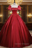 Burgundy Satin Short Sleeve Pleats Prom Dress