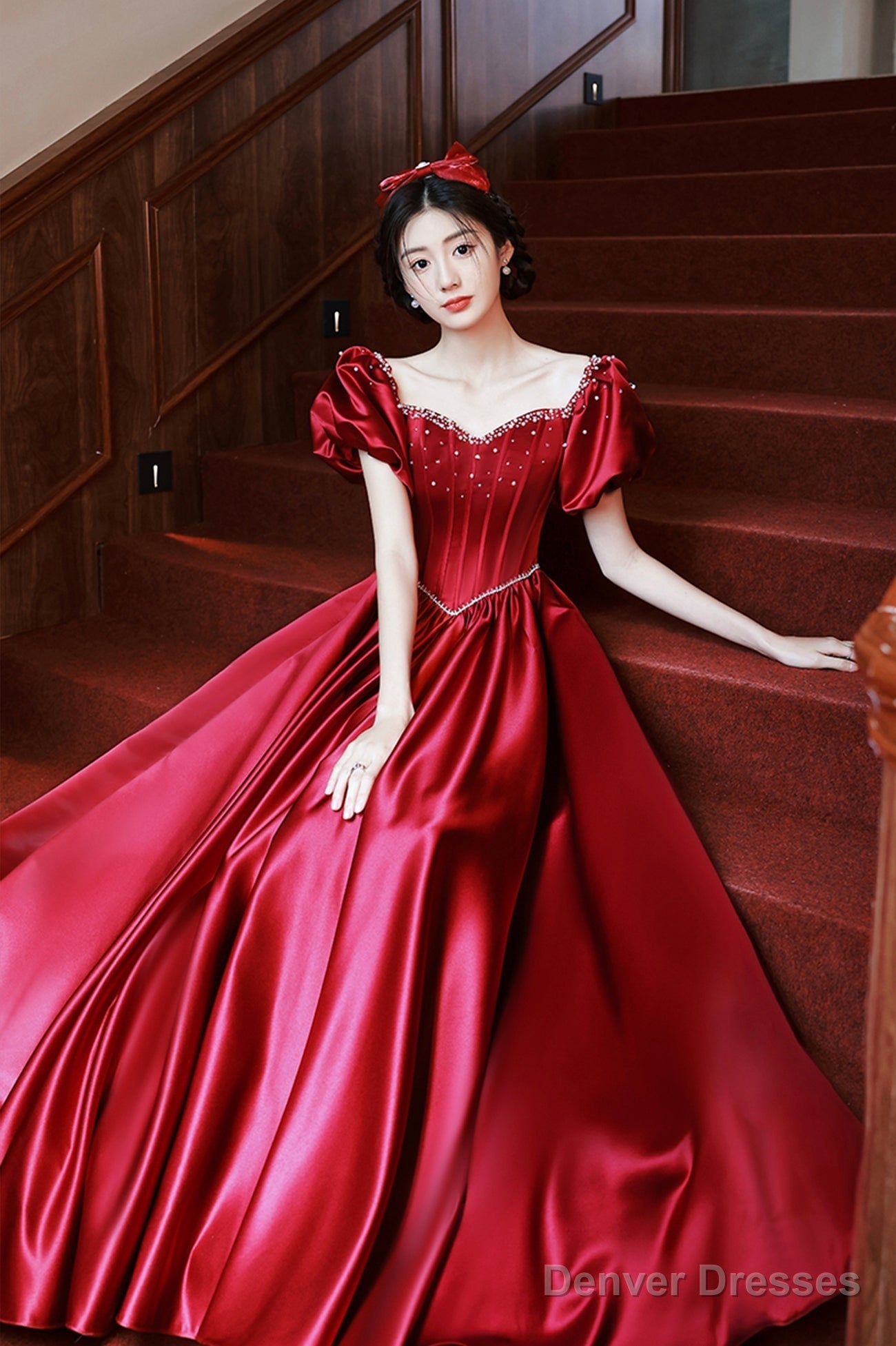 Burgundy Satin Short Sleeve Prom Dress, A-Line Graduation Dress Secondary image