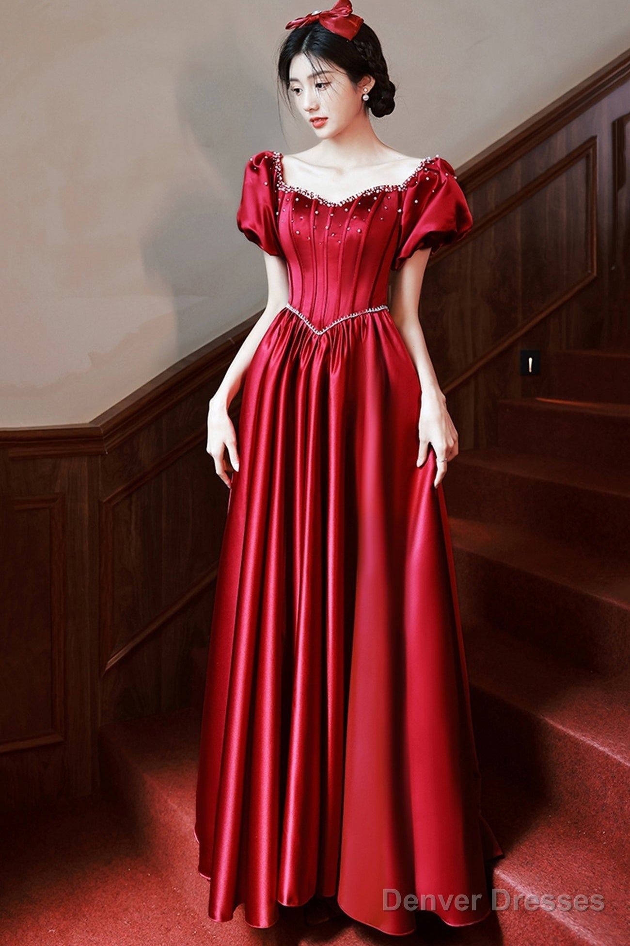 Burgundy Satin Short Sleeve Prom Dress, A-Line Graduation Dress