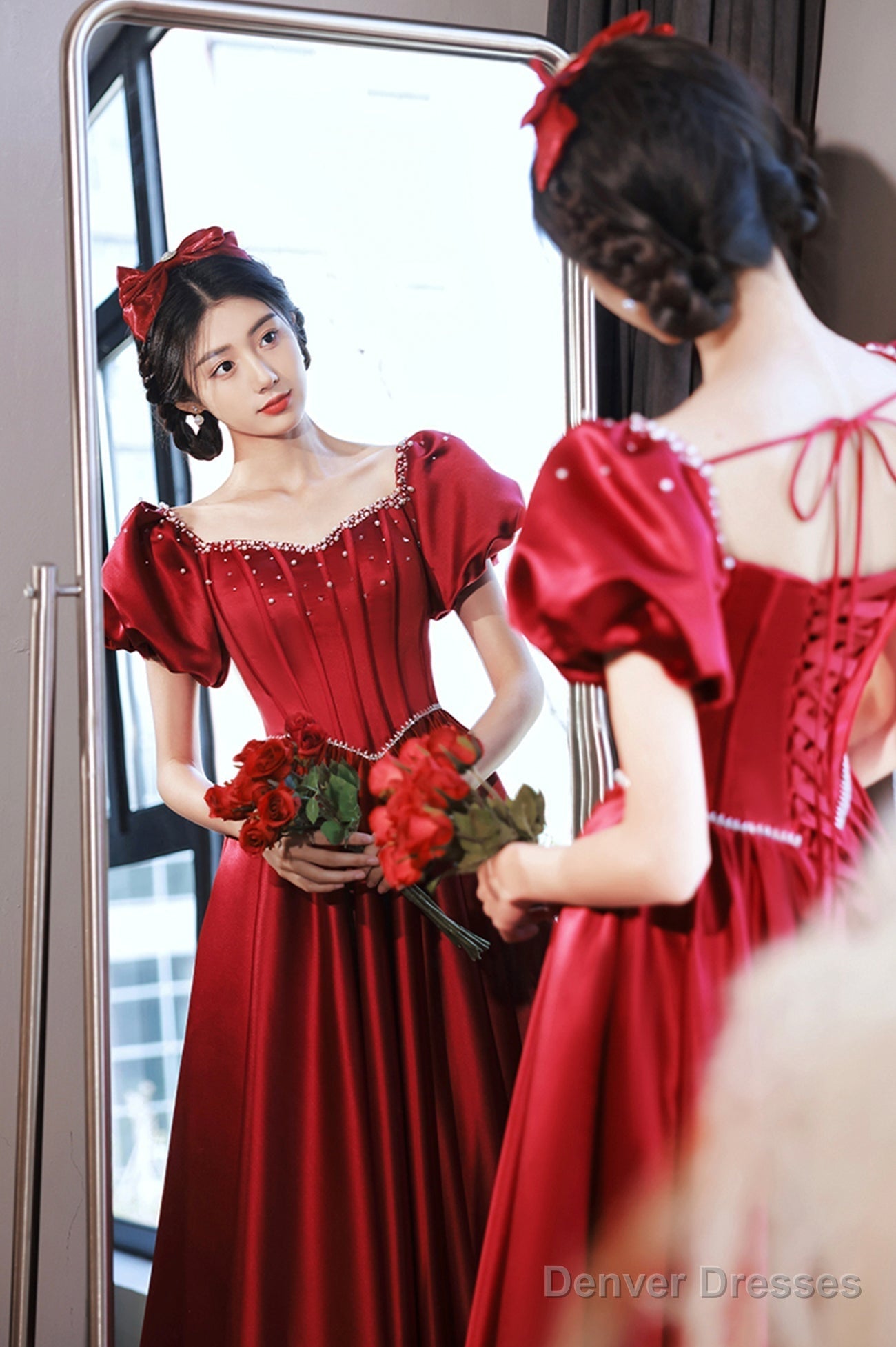 Burgundy Satin Short Sleeve Prom Dress, A-Line Graduation Dress Main image