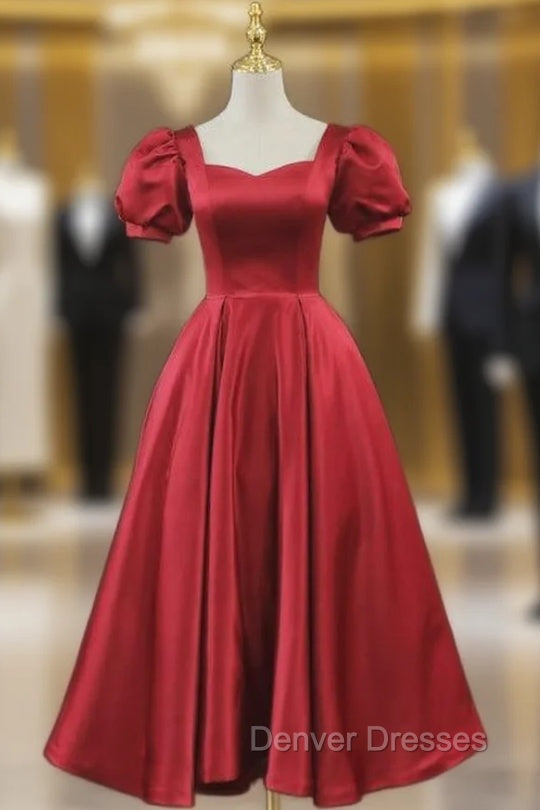 Burgundy Satin Short Sleeve Prom Dress