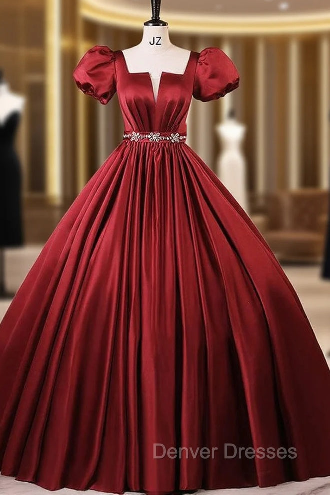 Burgundy Satin Short Sleeve Puff Sleeve Quinceanera Dress Main image