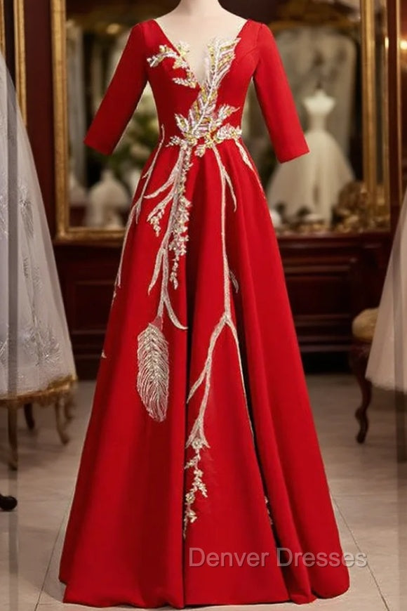 Burgundy Satin Short Sleeve Sequins Appliques Prom Dress Main image