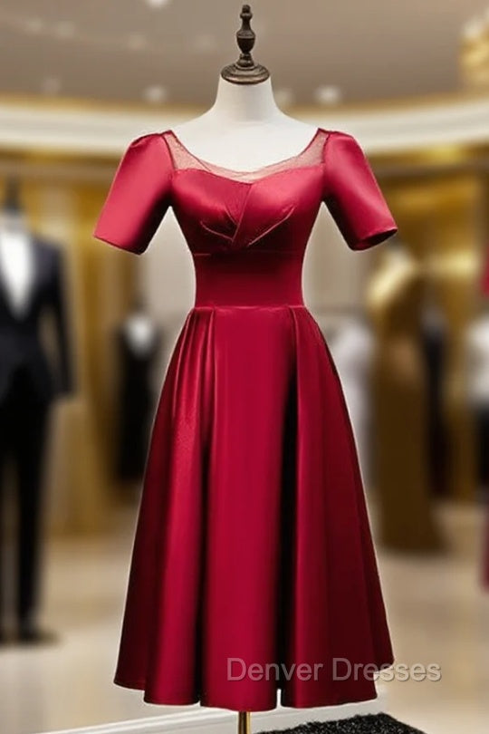 Burgundy Satin Short Sleeve Tea Length Prom Dress Main image