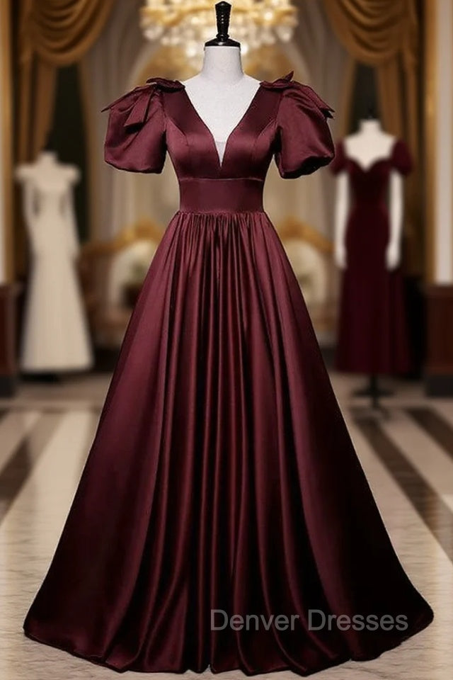 Burgundy Satin Short Sleeve V-neck Prom Dress Main image