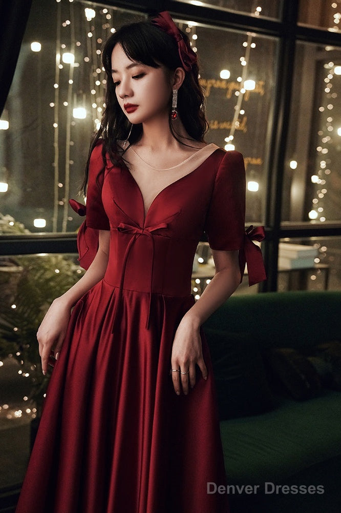 Burgundy Satin Short Sleeves A-Line Floor Length Prom Dress, Burgundy Party Dress