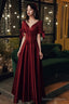 Burgundy Satin Short Sleeves A-Line Floor Length Prom Dress, Burgundy Party Dress