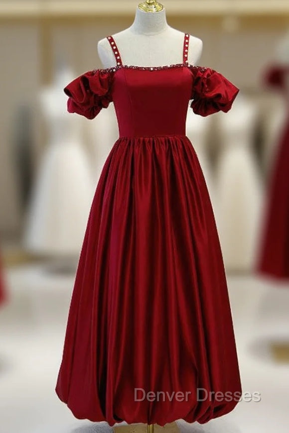Burgundy Satin Spaghetti Straps Beading Backless Prom Dress