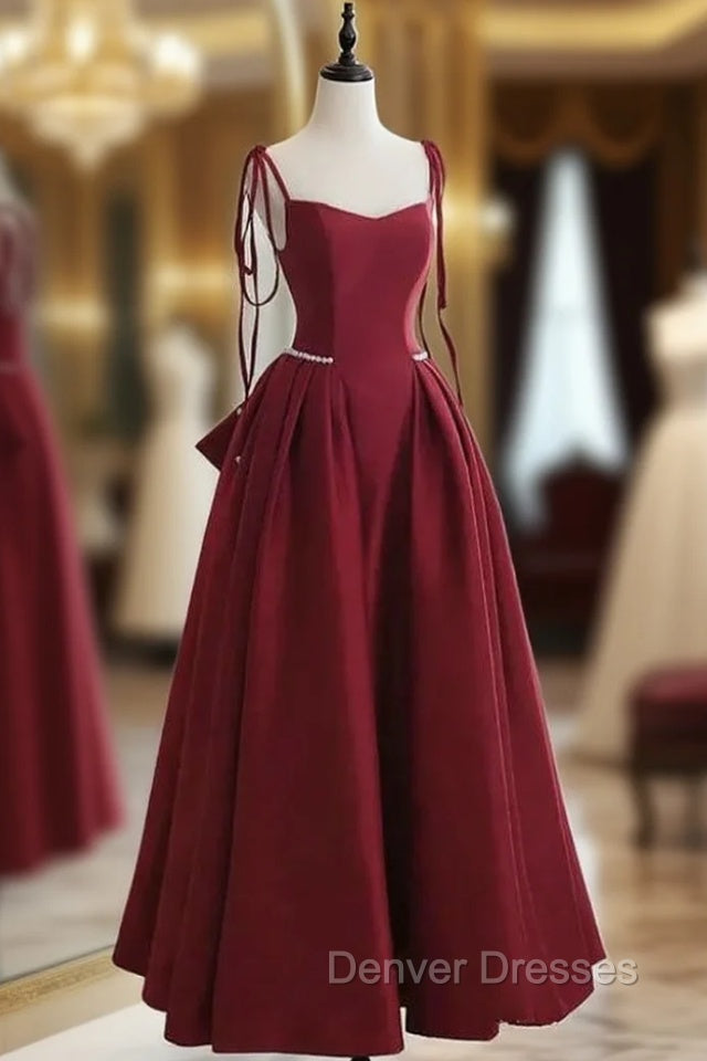 Burgundy Satin Spaghetti Straps Bow Prom Dress Main image
