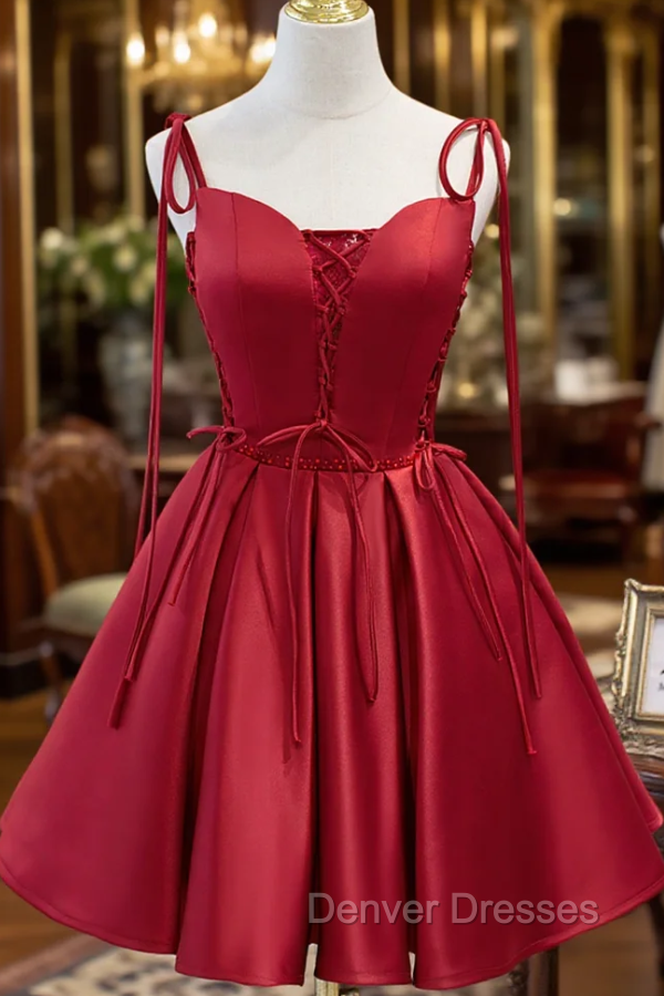 Burgundy Satin Spaghetti Straps Homecoming Dress Main image