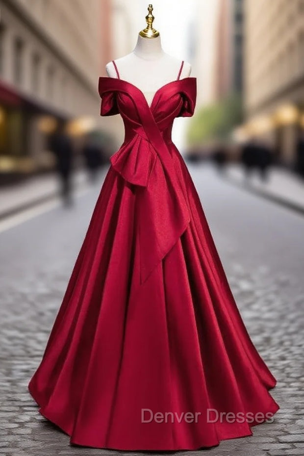 Burgundy Satin Spaghetti Straps Pleats Prom Dress