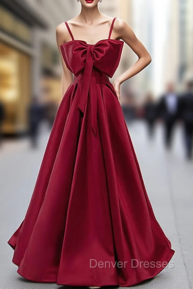 Burgundy Satin Spaghetti Straps Prom Dress With Bow Main image