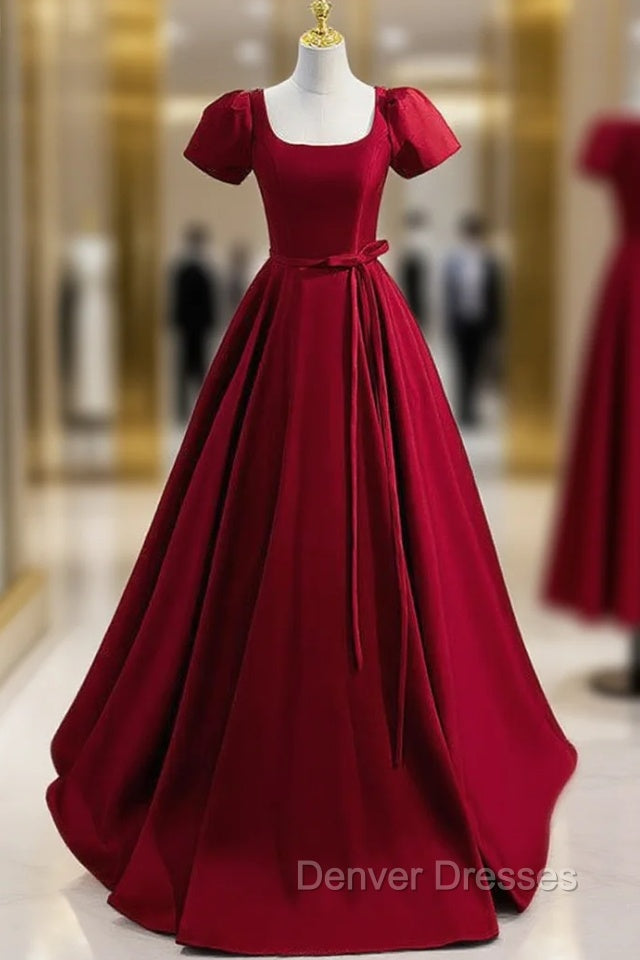 Burgundy Satin Square Beading Short Sleeve prom Dress