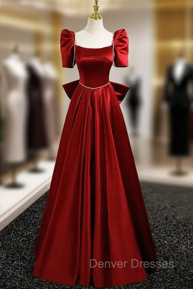 Burgundy Satin Square Neck Short Sleeve Bow Prom Dress