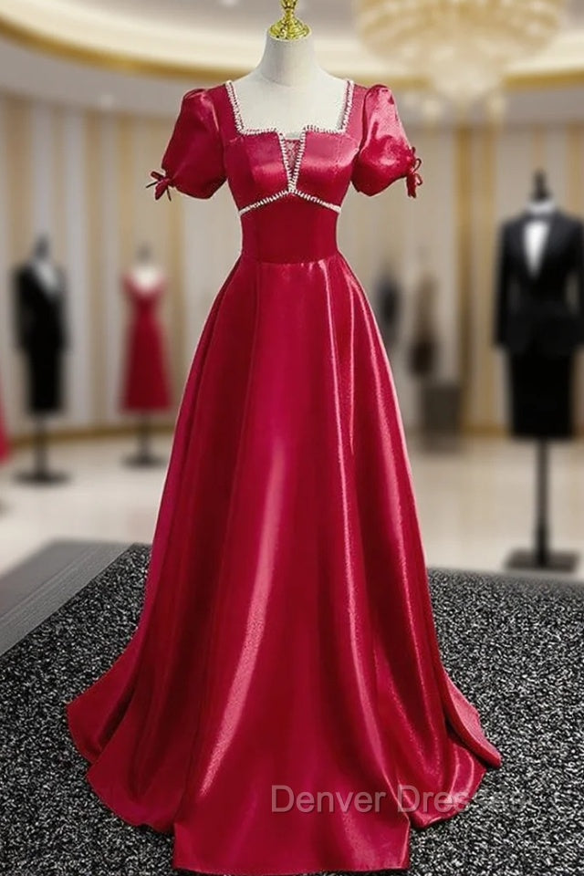 Burgundy Satin Square Puff Sleeve Beading Prom Dress